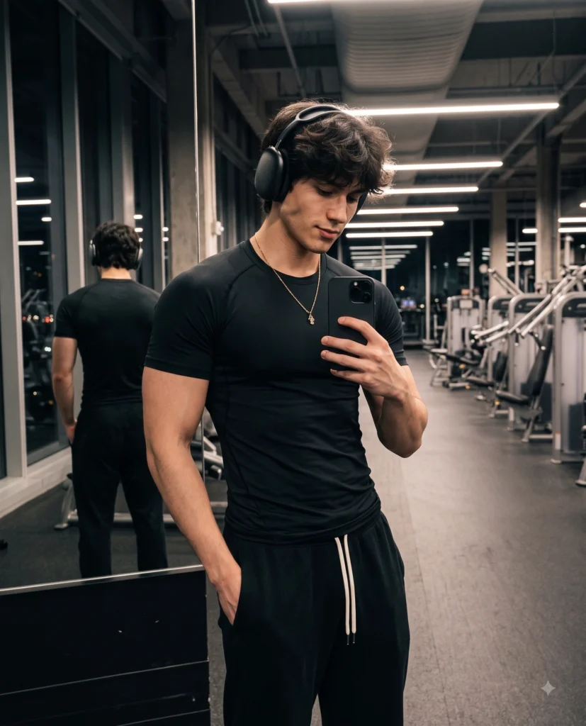 Ultra-Realistic Luxury Night Gym Mirror Editorial Portrait